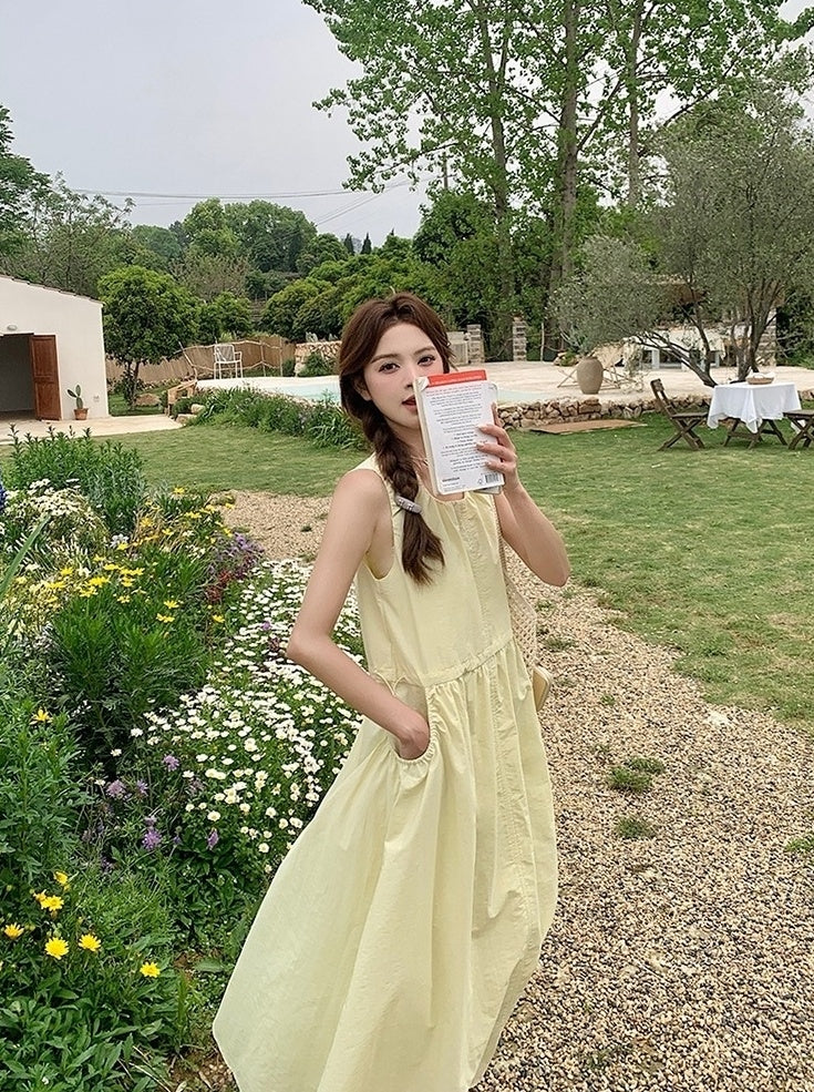 Sweet Yellow Casual French Style Long Dress