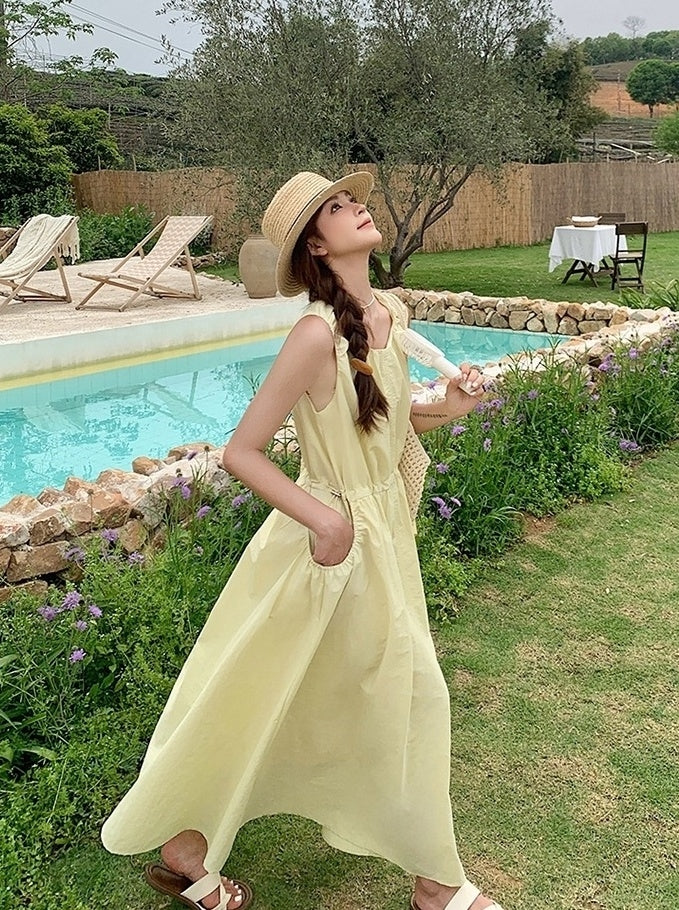 Sweet Yellow Casual French Style Long Dress