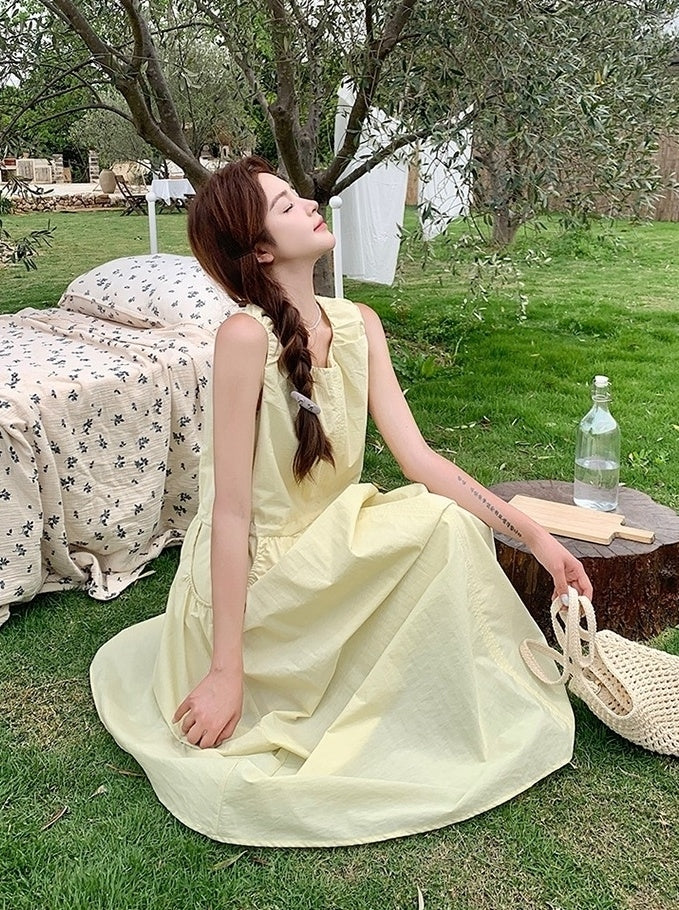 Sweet Yellow Casual French Style Long Dress