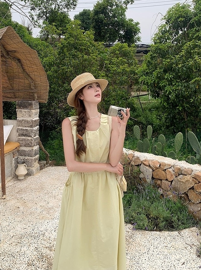 Sweet Yellow Casual French Style Long Dress