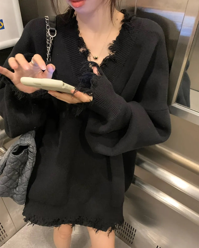 Black Raw Edge Distressed Sweater