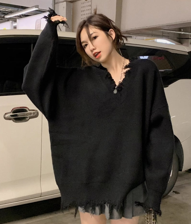 Black Raw Edge Distressed Sweater