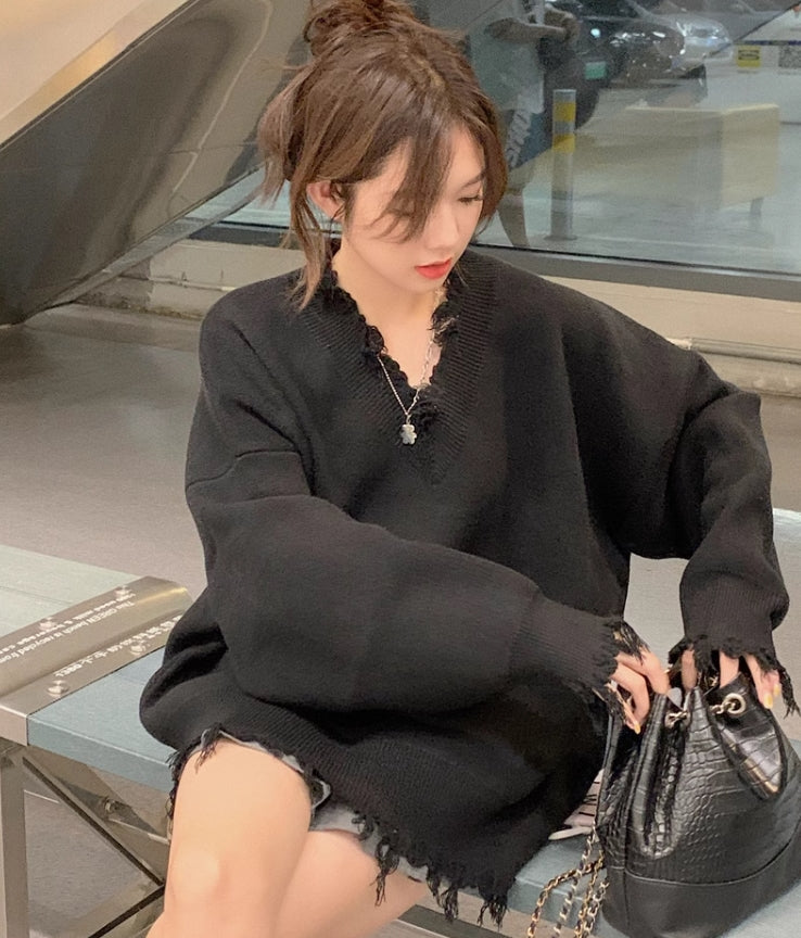 Black Raw Edge Distressed Sweater