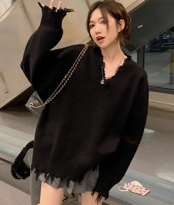Black Raw Edge Distressed Sweater