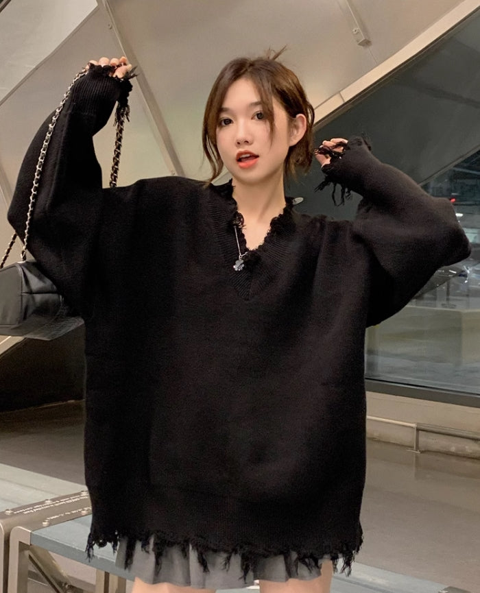 Black Raw Edge Distressed Sweater