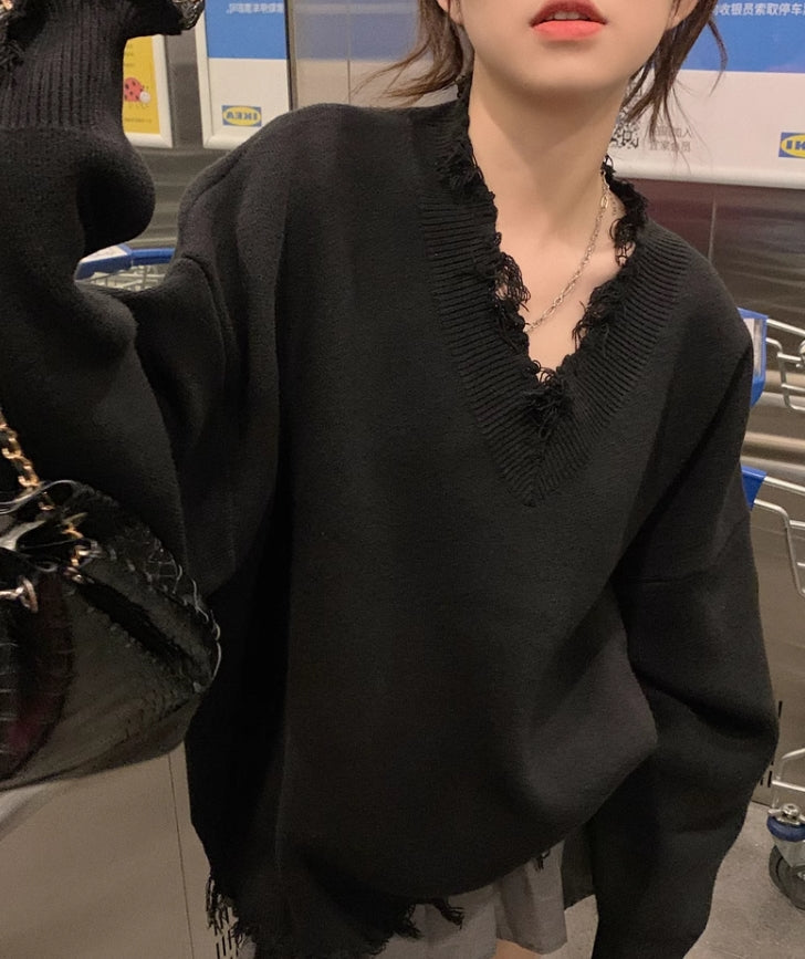 Black Raw Edge Distressed Sweater