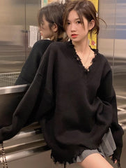 Black Raw Edge Distressed Sweater