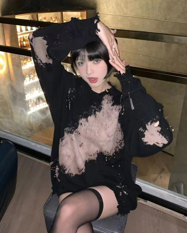 Black Tie-Dye Pin Embellished Sweater
