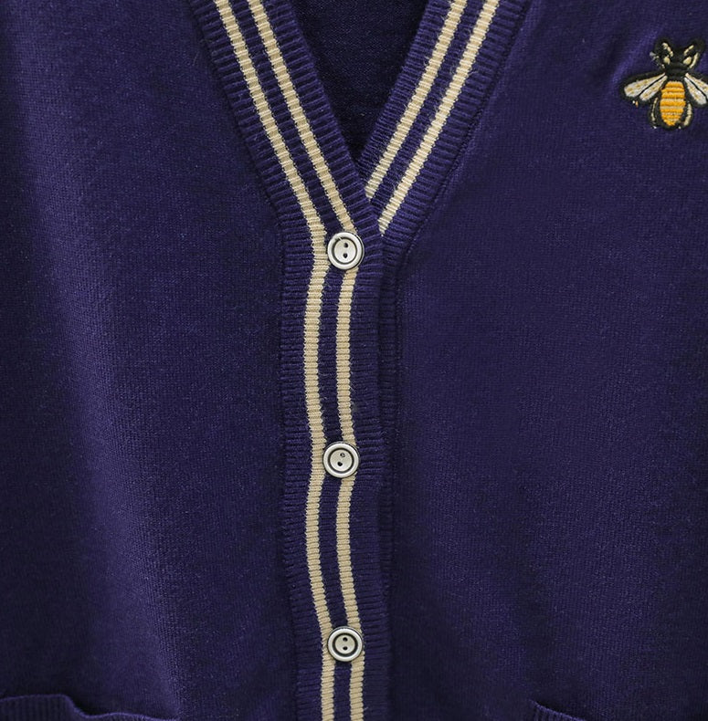 Navy Blue Cardigan With Bee Embroidery