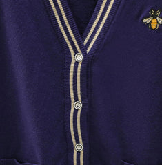 Navy Blue Cardigan With Bee Embroidery