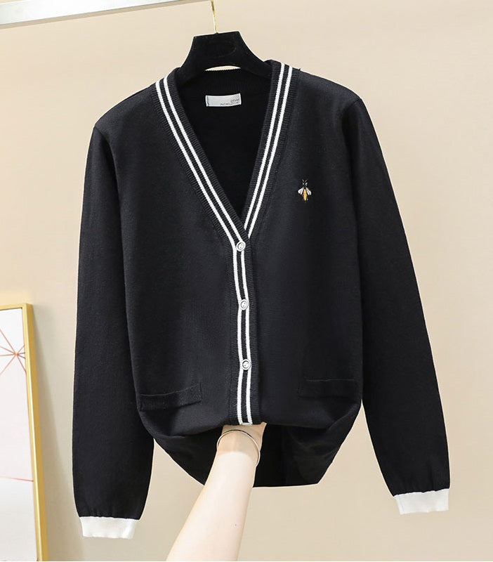 Navy Blue Cardigan With Bee Embroidery