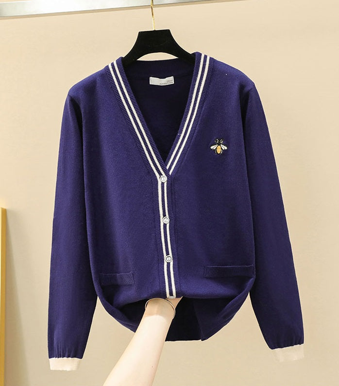 Navy Blue Cardigan With Bee Embroidery