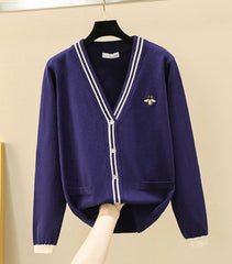 Navy Blue Cardigan With Bee Embroidery