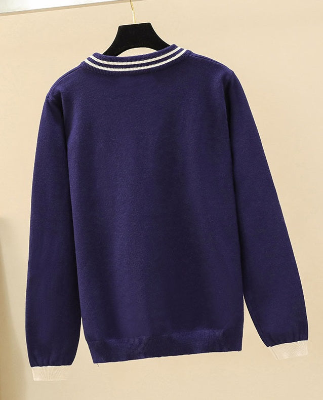 Navy Blue Cardigan With Bee Embroidery