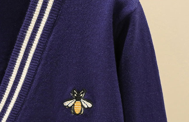 Navy Blue Cardigan With Bee Embroidery