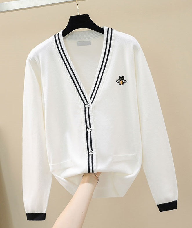 Navy Blue Cardigan With Bee Embroidery