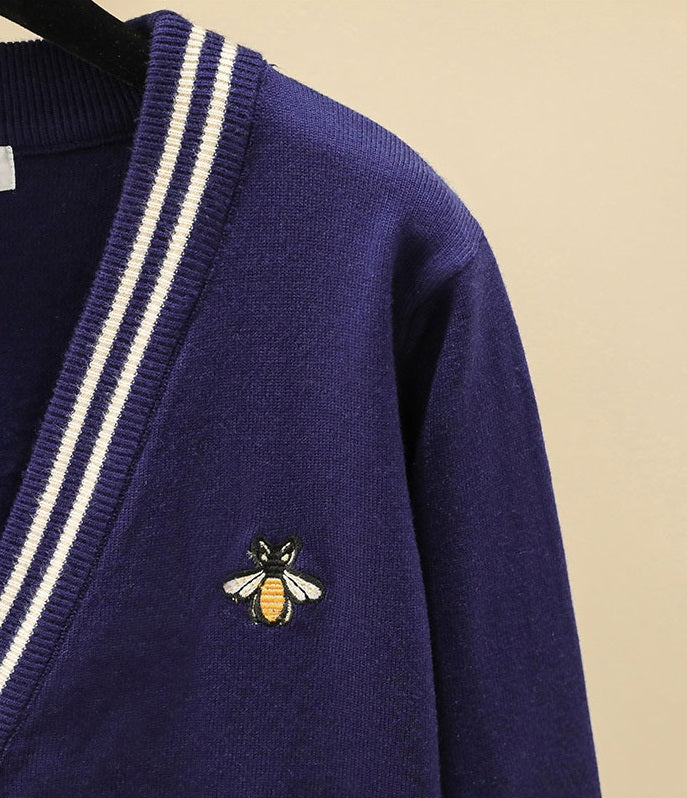 Navy Blue Cardigan With Bee Embroidery