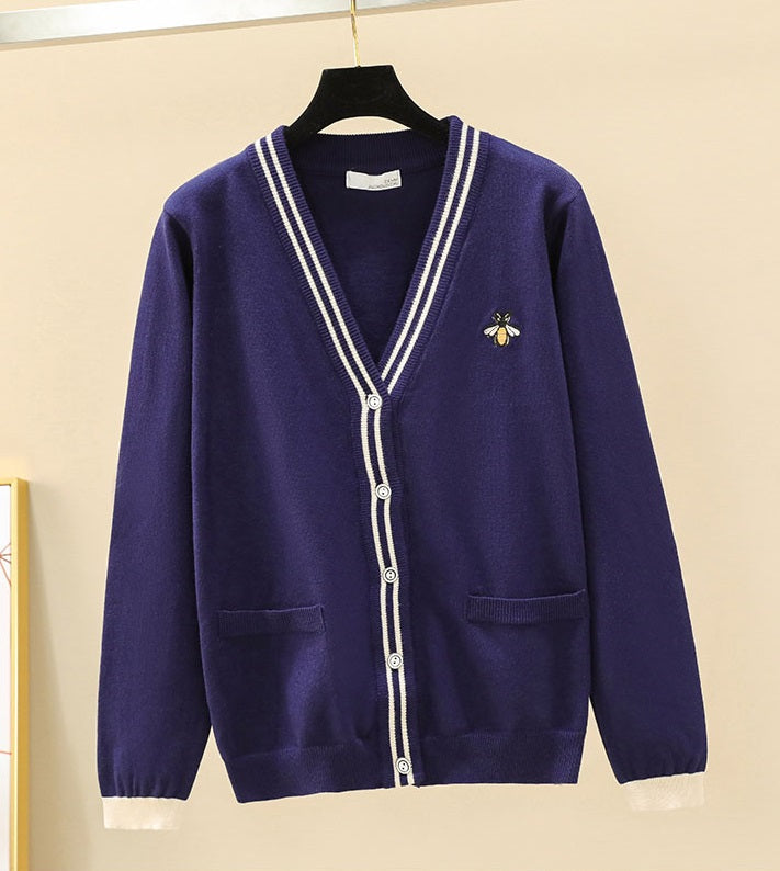 Navy Blue Cardigan With Bee Embroidery
