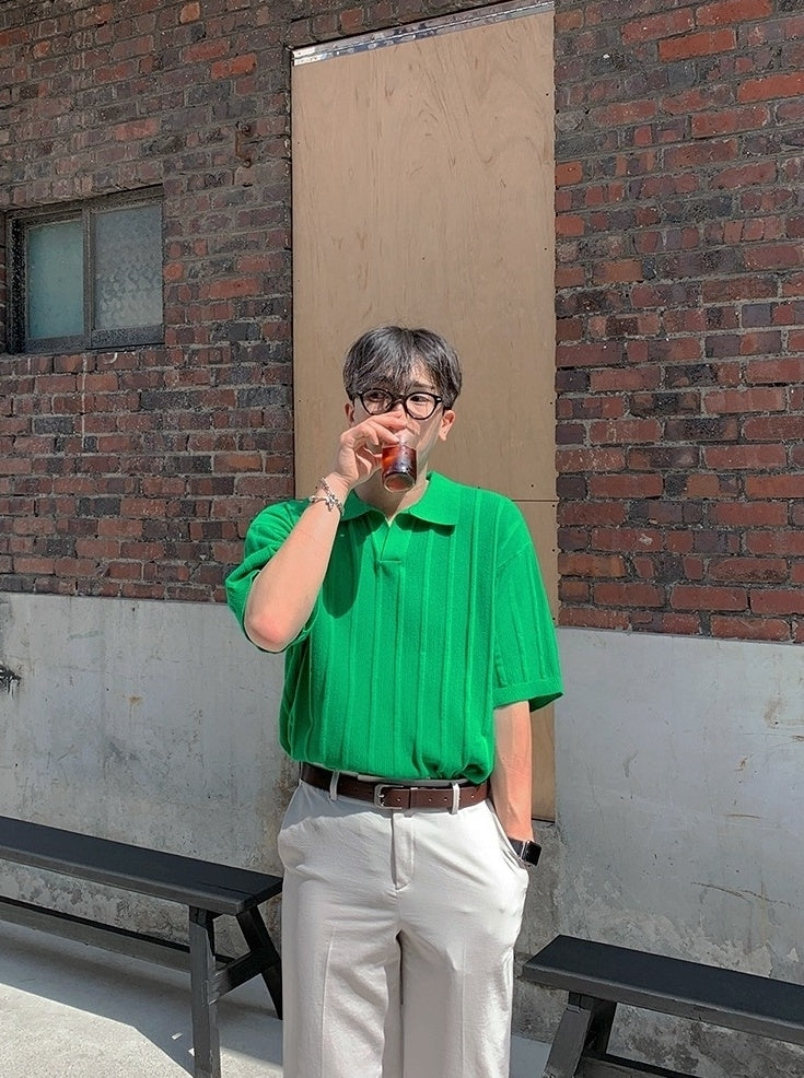Textured Knit Polo Short Sleeve Shirt Trendy Style