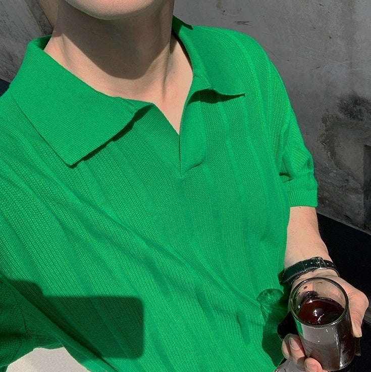 Textured Knit Polo Short Sleeve Shirt Trendy Style