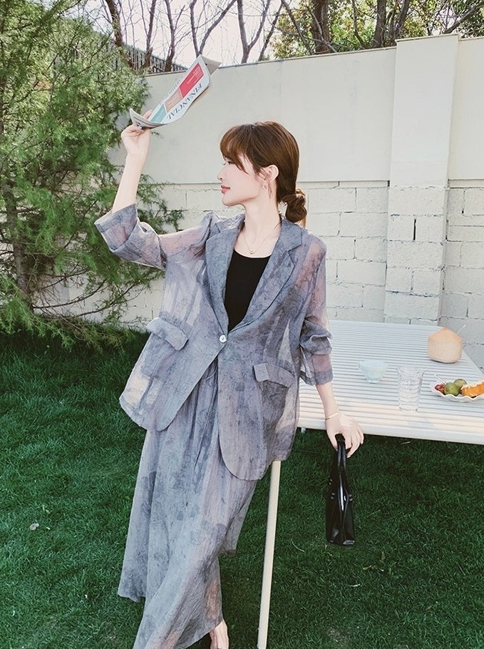 Tie Dye Gray Blazer And Skirt Set
