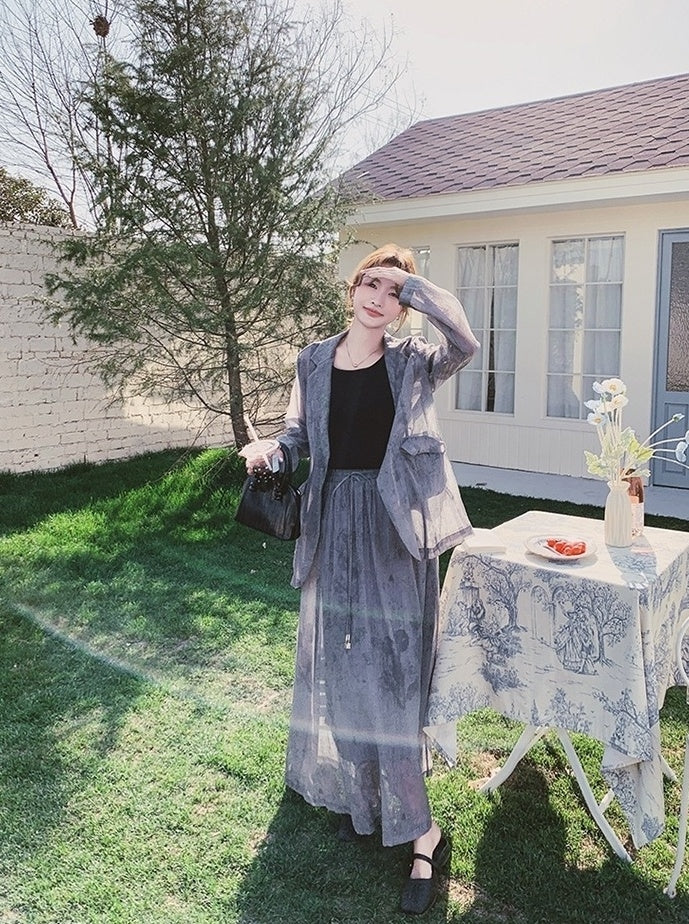Tie Dye Gray Blazer And Skirt Set