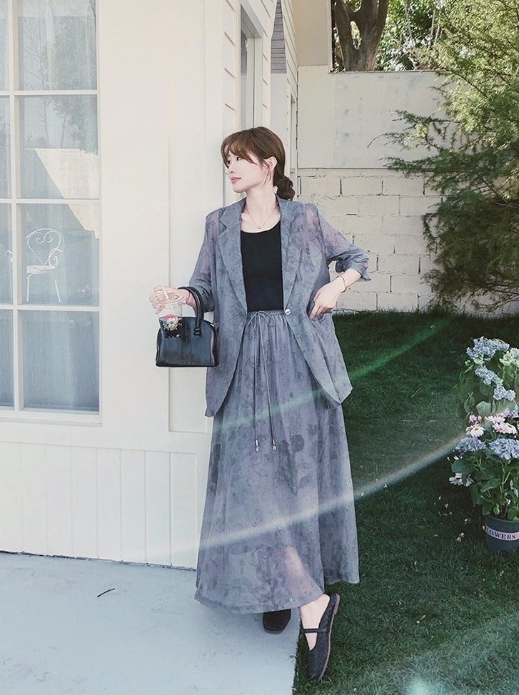 Tie Dye Gray Blazer And Skirt Set