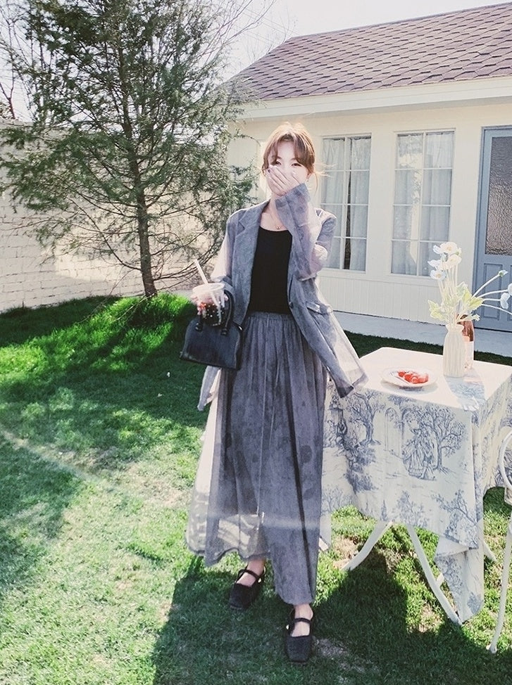 Tie Dye Gray Blazer And Skirt Set