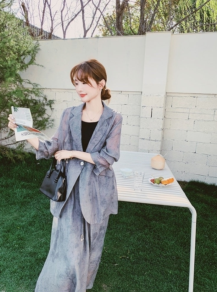 Tie Dye Gray Blazer And Skirt Set
