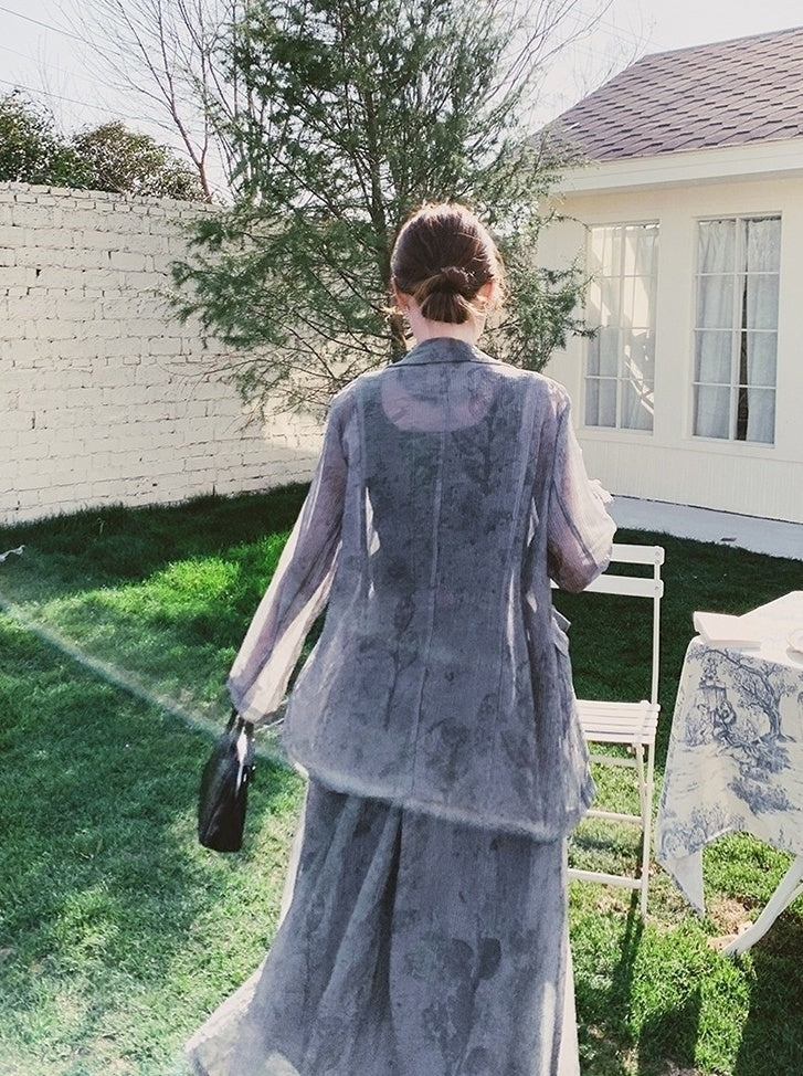 Tie Dye Gray Blazer And Skirt Set