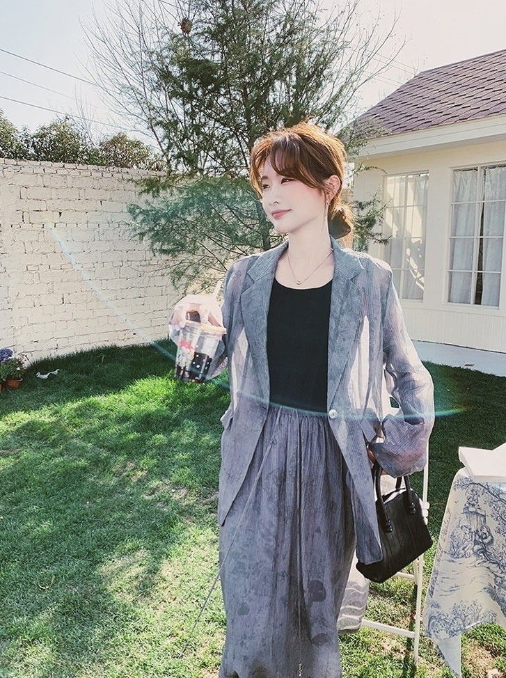 Tie Dye Gray Blazer And Skirt Set