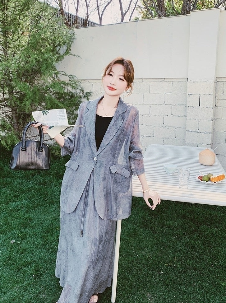 Tie Dye Gray Blazer And Skirt Set