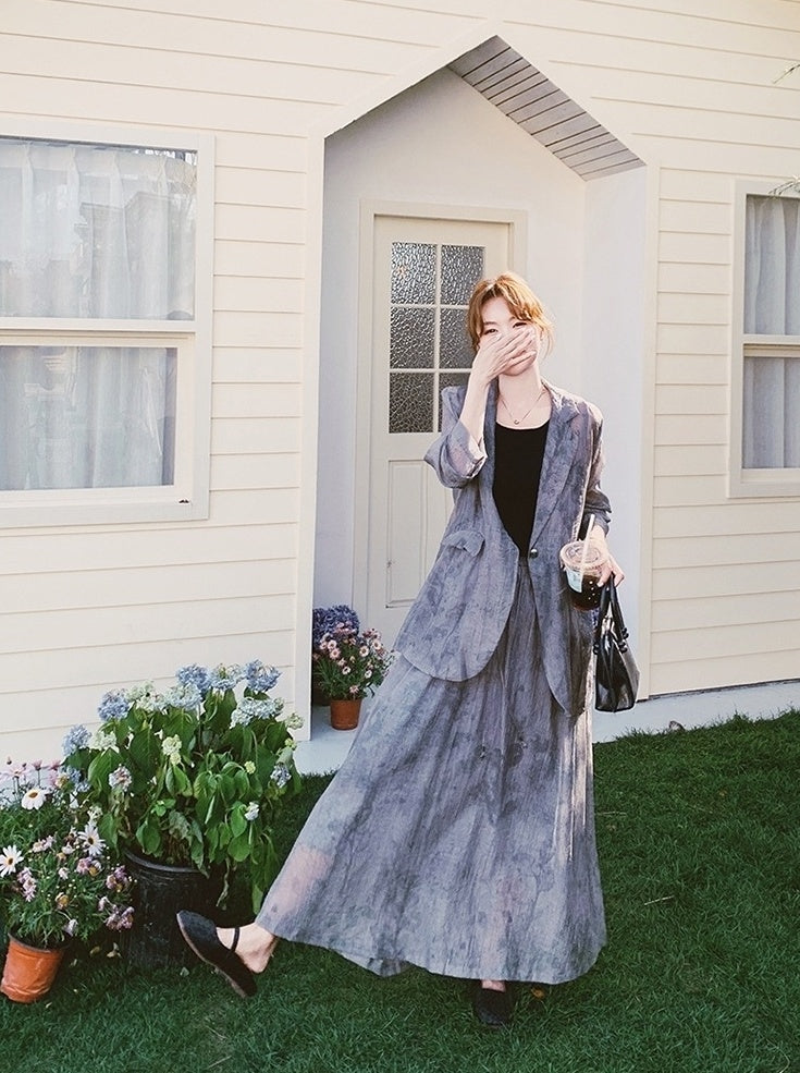 Tie Dye Gray Blazer And Skirt Set