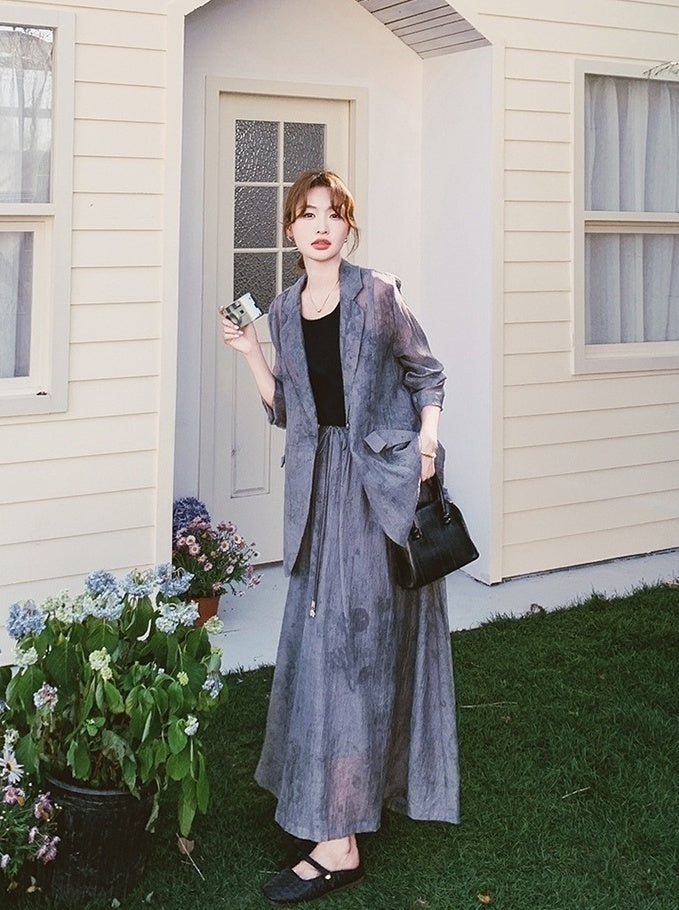 Tie Dye Gray Blazer And Skirt Set