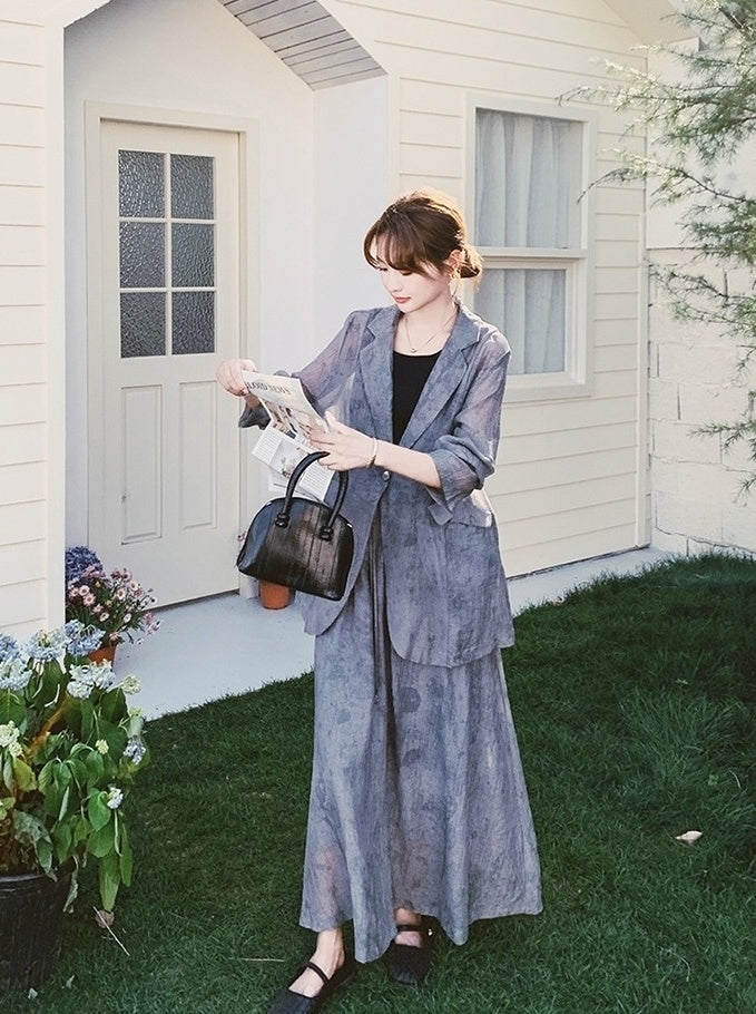 Tie Dye Gray Blazer And Skirt Set