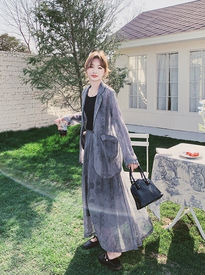Tie Dye Gray Blazer And Skirt Set