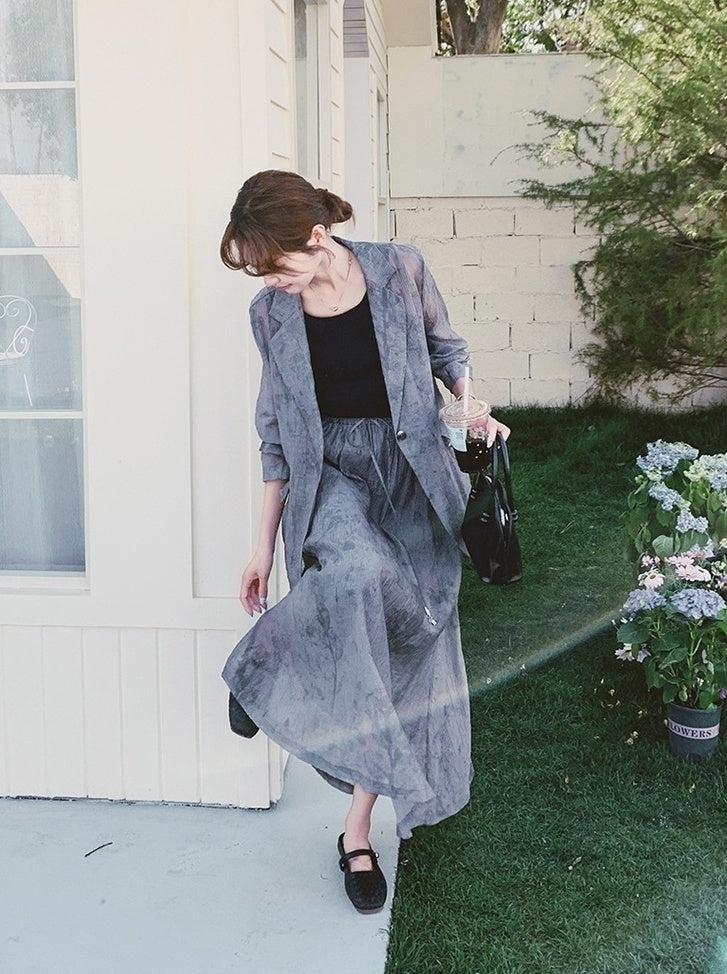 Tie Dye Gray Blazer And Skirt Set