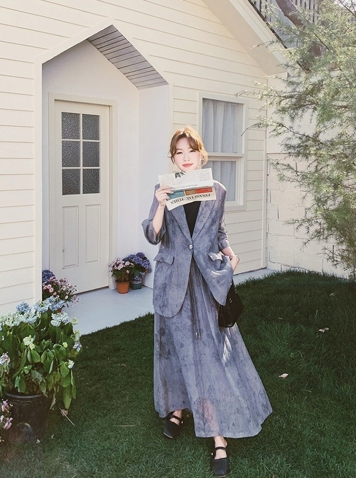 Tie Dye Gray Blazer And Skirt Set