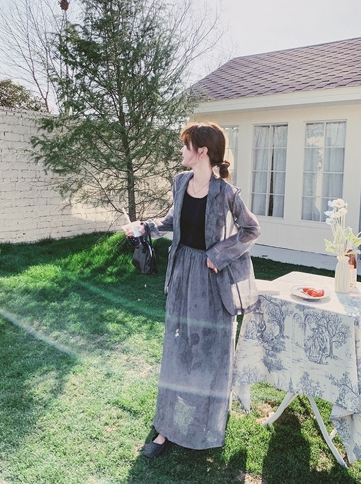 Tie Dye Gray Blazer And Skirt Set