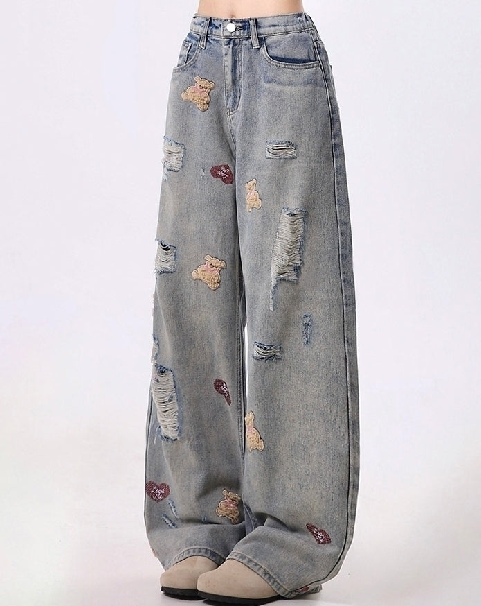 Trendy Bear Embroidered Distressed Wide Leg Denim Pants