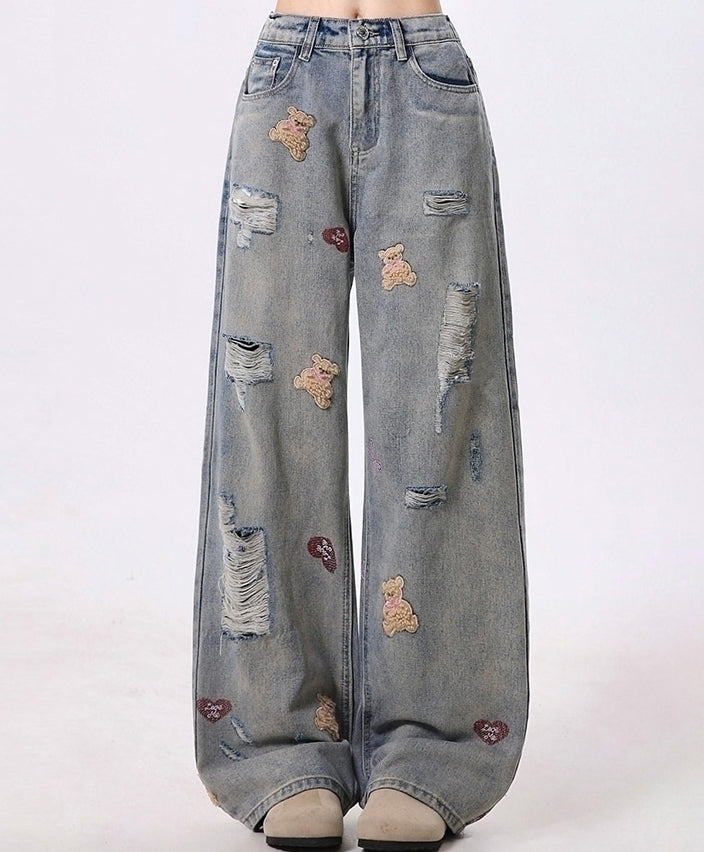 Trendy Bear Embroidered Distressed Wide Leg Denim Pants