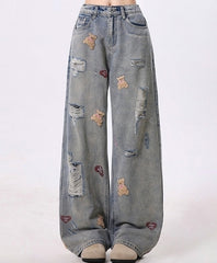 Trendy Bear Embroidered Distressed Wide Leg Denim Pants