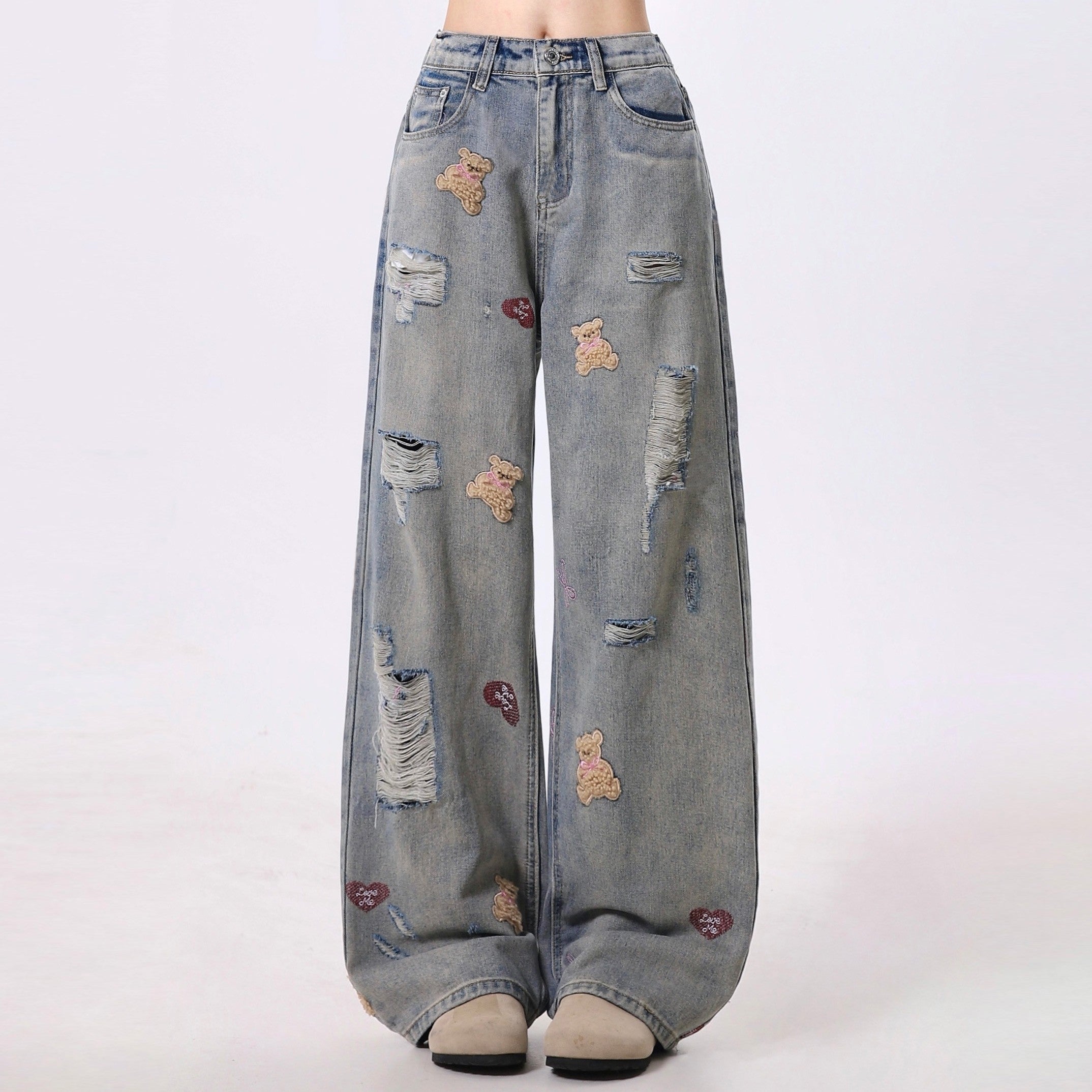 Trendy Bear Embroidered Distressed Wide Leg Denim Pants