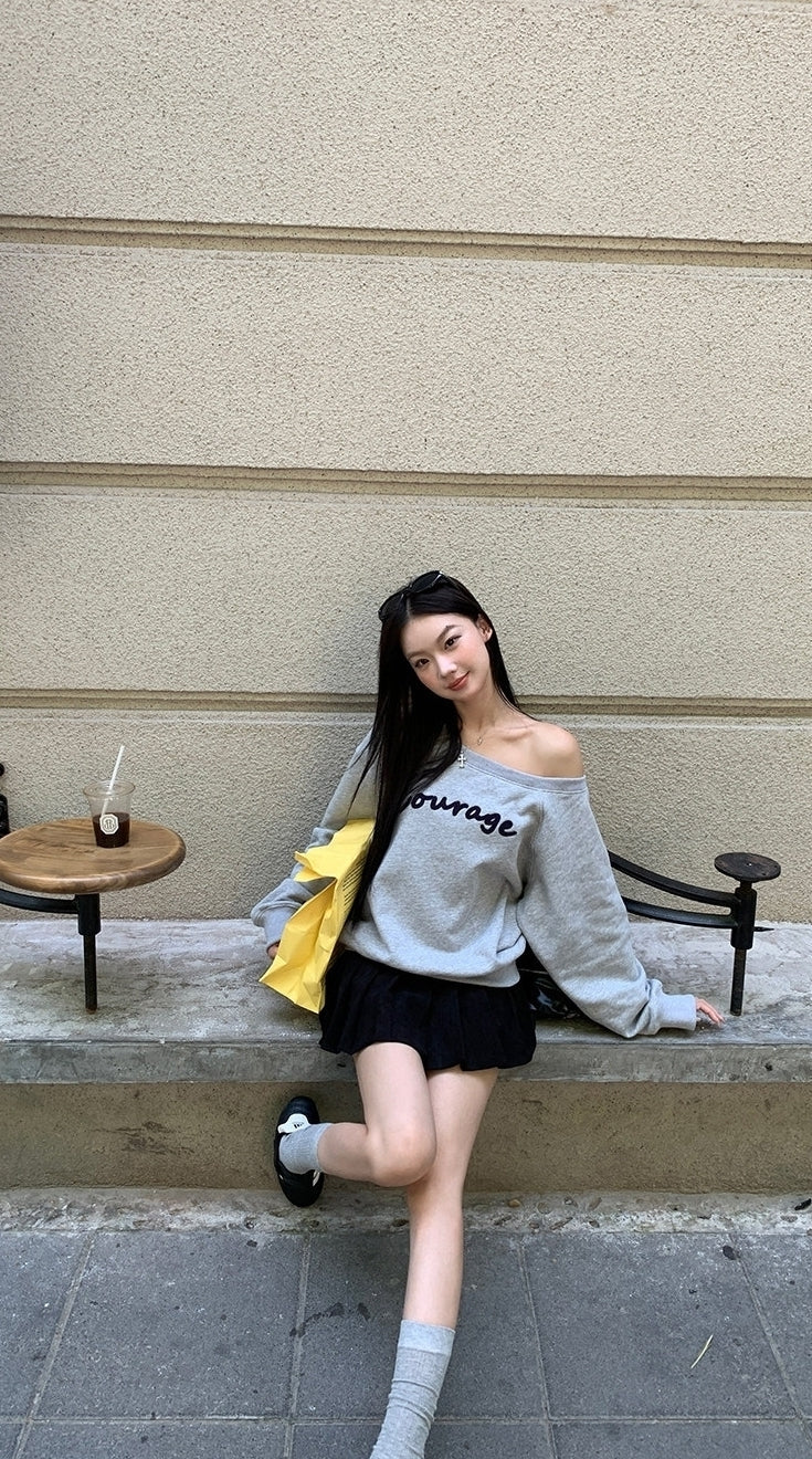 Trendy Gray Off Shoulder Long Sleeve Sweatshirt Jacket