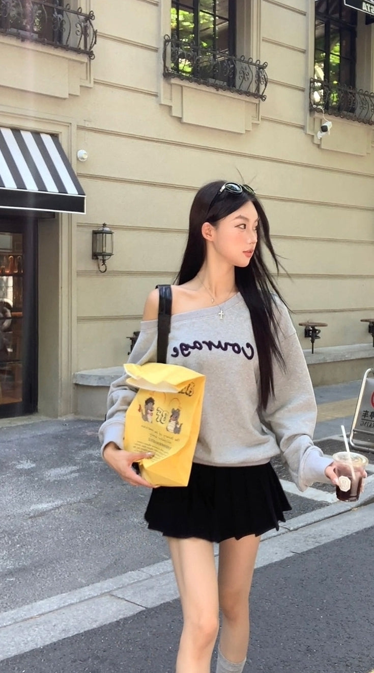 Trendy Gray Off Shoulder Long Sleeve Sweatshirt Jacket