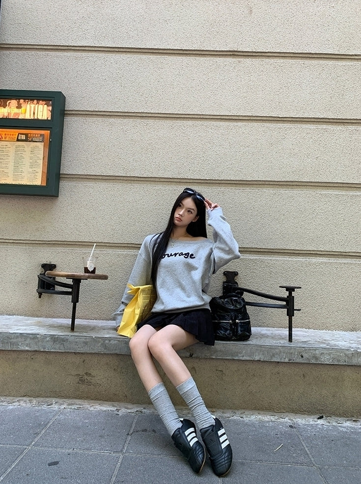 Trendy Gray Off Shoulder Long Sleeve Sweatshirt Jacket