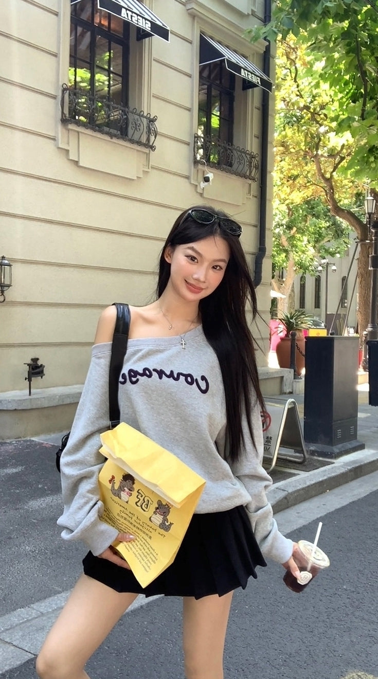 Trendy Gray Off Shoulder Long Sleeve Sweatshirt Jacket