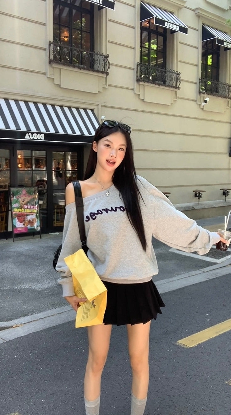 Trendy Gray Off Shoulder Long Sleeve Sweatshirt Jacket