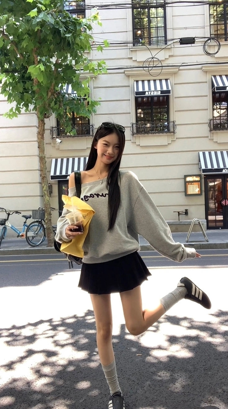 Trendy Gray Off Shoulder Long Sleeve Sweatshirt Jacket