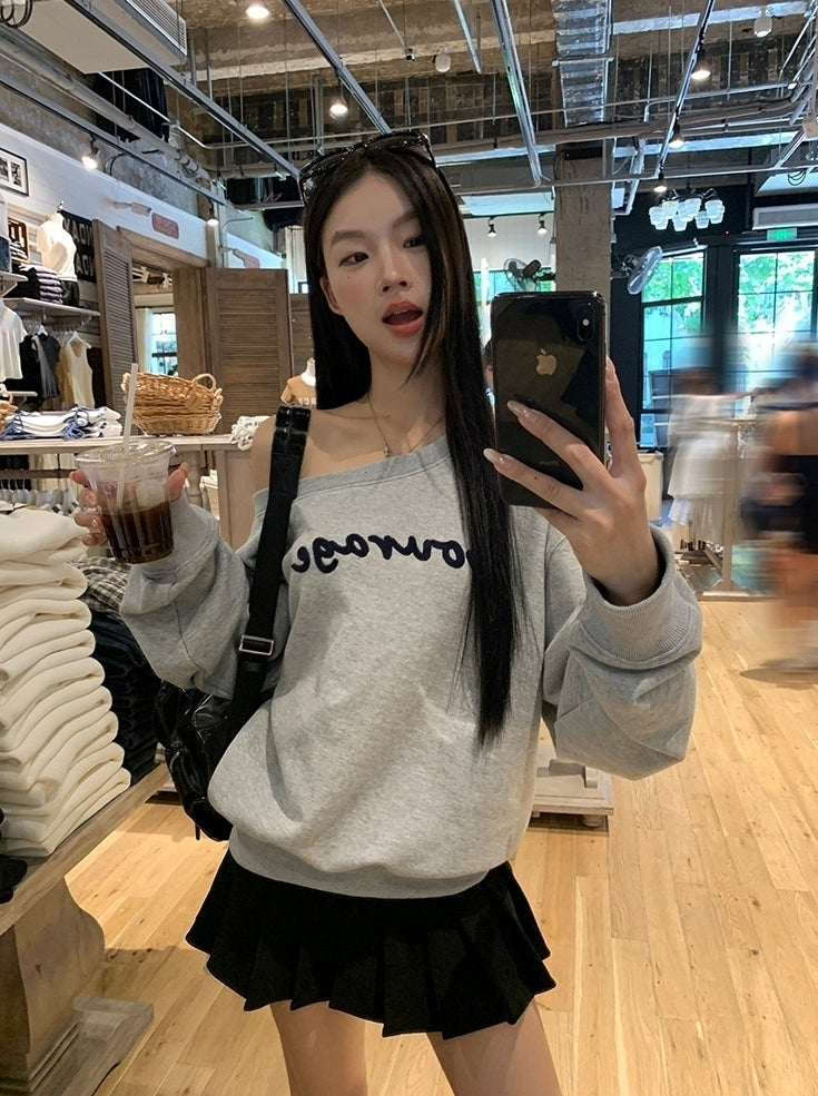 Trendy Gray Off Shoulder Long Sleeve Sweatshirt Jacket